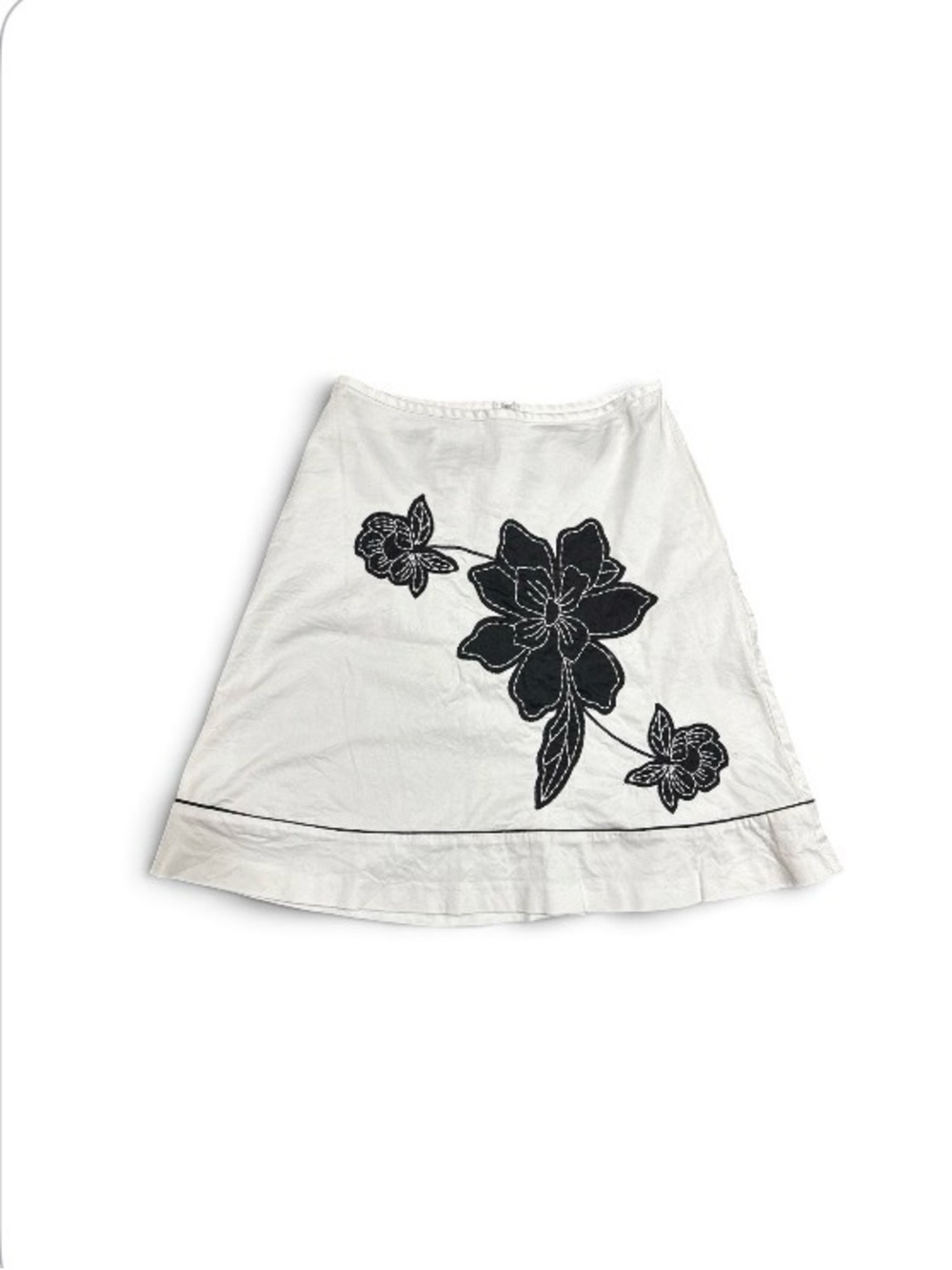 George White A-Line Skirt with Black Floral Applique